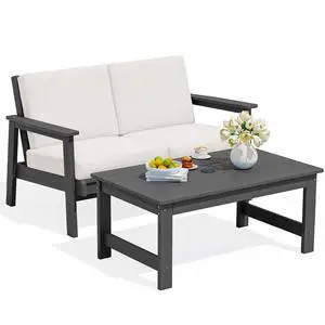 Outdoor Loveseat, All-Weather HDPE Outdoor Furniture Set, Grey Frame and Khaki Cushion Outdoor Loveseat, All-Weather HDPE Outdoor Furniture Set, Grey Frame and Khaki Cushion
