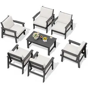 HDPE Outdoor Furniture Set, 7 Piece All Weather Wood-Like Outdoor Sofa Sectional Couch, Grey Patio Furniture Set with Khaki Cushions HDPE Outdoor Furniture Set, 7 Piece All Weather Wood-Like Outdoor Sofa Sectional Couch, Grey Patio Furniture Set with Khaki Cushions