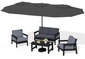 HDPE Patio Furniture Set with 15FT Double Side Patio Umbrella, All Weather Wood-Like Outdoor Sofa Sectional Couch, Black Patio Furniture with Grey Cushions HDPE Patio Furniture Set with 15FT Double Side Patio Umbrella, All Weather Wood-Like Outdoor Sofa Sectional Couch, Black Patio Furniture with Grey Cushions