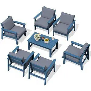 HDPE Outdoor Furniture Set, 7 Piece All Weather Wood-Like Outdoor Sofa Sectional Couch, Blue Patio Furniture Set with Grey Cushions HDPE Outdoor Furniture Set, 7 Piece All Weather Wood-Like Outdoor Sofa Sectional Couch, Blue Patio Furniture Set with Grey Cushions