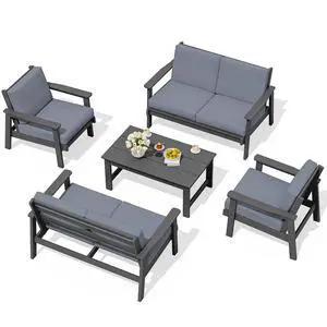 HDPE Patio Furniture Set, 5 Piece All Weather Wood-Like Sectional Outdoor Furniture Set, Grey Patio Sofa Couch with Grey Cushions for Deck, Lawn HDPE Patio Furniture Set, 5 Piece All Weather Wood-Like Sectional Outdoor Furniture Set, Grey Patio Sofa Couch with Grey Cushions for Deck, Lawn