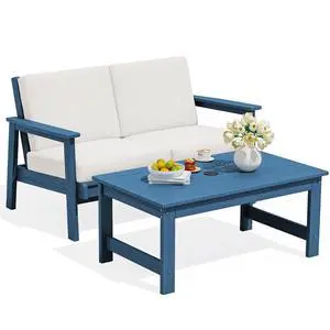 Outdoor Loveseat, Blue Frame and Khaki Cushion Outdoor Loveseat, Blue Frame and Khaki Cushion
