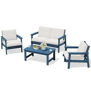 4 Piece HDPE Outdoor Furniture Set, All Weather Wood-Like Outdoor Sofa Sectional Couch, Bllue Patio Furniture Set with Khaki Cushions 4 Piece HDPE Outdoor Furniture Set, All Weather Wood-Like Outdoor Sofa Sectional Couch, Bllue Patio Furniture Set with Khaki Cushions