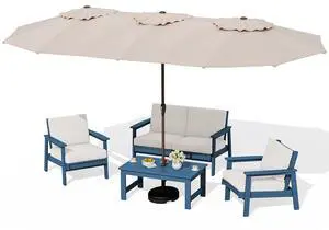 HDPE Patio Furniture Set with 15FT Double Side Patio Umbrella, All Weather Wood-Like Outdoor Sofa Sectional Couch, Blue Patio Furniture with Khaki Cushions HDPE Patio Furniture Set with 15FT Double Side Patio Umbrella, All Weather Wood-Like Outdoor Sofa Sectional Couch, Blue Patio Furniture with Khaki Cushions