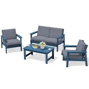 4 Piece HDPE Outdoor Furniture Set, All Weather Wood-Like Outdoor Sofa Sectional Couch, Blue Patio Furniture Set with Grey Cushions 4 Piece HDPE Outdoor Furniture Set, All Weather Wood-Like Outdoor Sofa Sectional Couch, Blue Patio Furniture Set with Grey Cushions