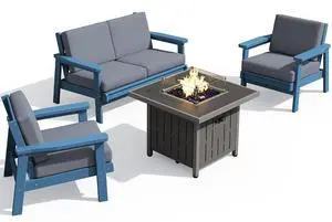 Patio Furniture Set with 33 Fire Pit Table, HDPE Outdoor Sectional Sofa Set with Thickened Cushions, Blue Frame with Grey Cushions Patio Furniture Set with 33 Fire Pit Table, HDPE Outdoor Sectional Sofa Set with Thickened Cushions, Blue Frame with Grey Cushions