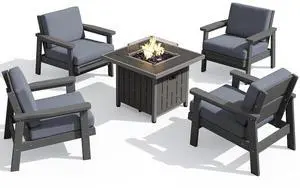 Patio Furniture Set with 33 Fire Pit Table, HDPE Outdoor Sectional Sofa Set with Thickened Cushions, Grey Frame with Grey Cushions Patio Furniture Set with 33 Fire Pit Table, HDPE Outdoor Sectional Sofa Set with Thickened Cushions, Grey Frame with Grey Cushions