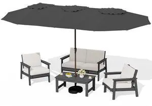HDPE Patio Furniture Set with 15FT Double Side Patio Umbrella, All Weather Wood-Like Outdoor Sofa Sectional Couch, Grey Patio Furniture with Khaki Cushions HDPE Patio Furniture Set with 15FT Double Side Patio Umbrella, All Weather Wood-Like Outdoor Sofa Sectional Couch, Grey Patio Furniture with Khaki Cushions