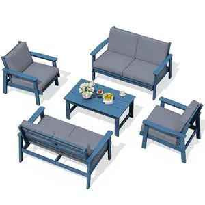 HDPE Patio Furniture Set, 5 Piece All Weather Wood-Like Sectional Outdoor Furniture Set, Blue Patio Sofa Couch with Grey Cushions for Deck, Lawn HDPE Patio Furniture Set, 5 Piece All Weather Wood-Like Sectional Outdoor Furniture Set, Blue Patio Sofa Couch with Grey Cushions for Deck, Lawn