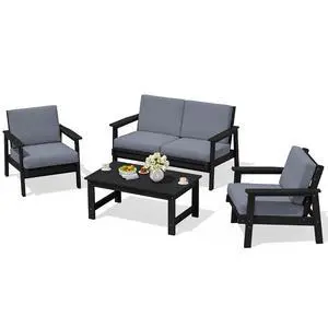 4 Piece HDPE Outdoor Furniture Set, All Weather Wood-Like Outdoor Sofa Sectional Couch, Black Patio Furniture Set with Grey Cushions 4 Piece HDPE Outdoor Furniture Set, All Weather Wood-Like Outdoor Sofa Sectional Couch, Black Patio Furniture Set with Grey Cushions