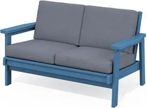 HDPE Outdoor Patio Loveseat, Blue Frame and Grey Cushion HDPE Outdoor Patio Loveseat, Blue Frame and Grey Cushion