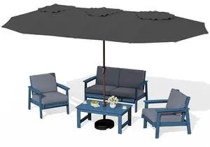 HDPE Patio Furniture Set with 15FT Double Side Patio Umbrella, All Weather Wood-Like Outdoor Sofa Sectional Couch, Blue Patio Furniture with Grey Cushions HDPE Patio Furniture Set with 15FT Double Side Patio Umbrella, All Weather Wood-Like Outdoor Sofa Sectional Couch, Blue Patio Furniture with Grey Cushions
