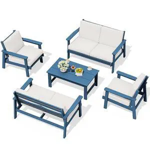 HDPE Patio Furniture Set, 5 Piece All Weather Wood-Like Sectional Outdoor Furniture Set for Deck, Lawn, Blue Patio Sofa Couch with Khaki Cushions HDPE Patio Furniture Set, 5 Piece All Weather Wood-Like Sectional Outdoor Furniture Set for Deck, Lawn, Blue Patio Sofa Couch with Khaki Cushions