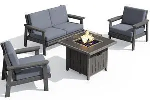 Patio Furniture Set with 33 Fire Pit Table, HDPE Outdoor Sectional Sofa Set with Thickened Cushions, Grey Frame with Grey Cushions Patio Furniture Set with 33 Fire Pit Table, HDPE Outdoor Sectional Sofa Set with Thickened Cushions, Grey Frame with Grey Cushions