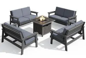 Patio Furniture Set with 33 Fire Pit Table, HDPE Outdoor Sectional Sofa Set with Thickened Cushions, Grey Frame with Grey Cushions Patio Furniture Set with 33 Fire Pit Table, HDPE Outdoor Sectional Sofa Set with Thickened Cushions, Grey Frame with Grey Cushions