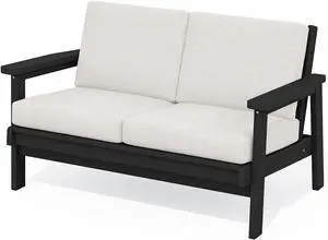 HDPE Outdoor Patio Loveseat, All Weather Wood-Like Outdoor Sofa HDPE Outdoor Furniture, Black Frame and Khaki Cushion HDPE Outdoor Patio Loveseat, All Weather Wood-Like Outdoor Sofa HDPE Outdoor Furniture, Black Frame and Khaki Cushion