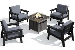 Patio Furniture Set with 33 Fire Pit Table, HDPE Outdoor Sectional Sofa Set with Thickened Cushions, Black Frame with Grey Cushions Patio Furniture Set with 33 Fire Pit Table, HDPE Outdoor Sectional Sofa Set with Thickened Cushions, Black Frame with Grey Cushions