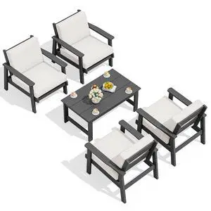 Outdoor Patio Furniture Set, 5 Piece HDPE Patio Conversation Sets, All-Weather Wood-Like Outdoor Couch Loveseat and Coffee Table with Thick Cushions for Porch Balcony Garden Backyard Outdoor Patio Furniture Set, 5 Piece HDPE Patio Conversation Sets, All-Weather Wood-Like Outdoor Couch Loveseat and Coffee Table with Thick Cushions for Porch Balcony Garden Backyard