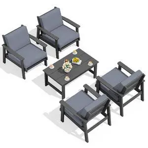 Outdoor Patio Furniture Set, 5 Piece HDPE Patio Conversation Sets, All-Weather Wood-Like Outdoor Couch Loveseat and Coffee Table with Thick Cushions for Porch Balcony Garden Backyard Outdoor Patio Furniture Set, 5 Piece HDPE Patio Conversation Sets, All-Weather Wood-Like Outdoor Couch Loveseat and Coffee Table with Thick Cushions for Porch Balcony Garden Backyard