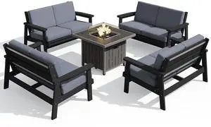 Patio Furniture Set with 33 Fire Pit Table, HDPE Outdoor Sectional Sofa Set with Thickened Cushions, Black Frame with Grey Cushions Patio Furniture Set with 33 Fire Pit Table, HDPE Outdoor Sectional Sofa Set with Thickened Cushions, Black Frame with Grey Cushions