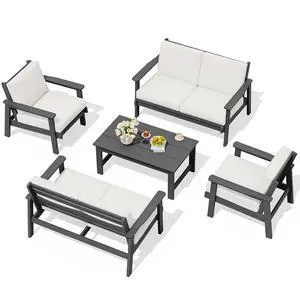 HDPE Patio Furniture Set, 5 Piece All Weather Wood-Like Sectional Outdoor Furniture Set, Grey Patio Sofa Couch with Khaki Cushions for Deck, Lawn HDPE Patio Furniture Set, 5 Piece All Weather Wood-Like Sectional Outdoor Furniture Set, Grey Patio Sofa Couch with Khaki Cushions for Deck, Lawn