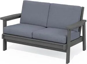 HDPE Outdoor Patio Loveseat, All Weather Wood-Like Outdoor Sofa HDPE Outdoor Furniture, Grey Frame and Grey Cushion HDPE Outdoor Patio Loveseat, All Weather Wood-Like Outdoor Sofa HDPE Outdoor Furniture, Grey Frame and Grey Cushion