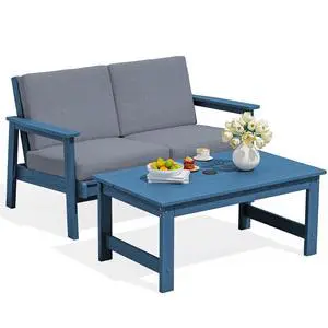 Outdoor Loveseat, Blue Frame and Grey Cushion Outdoor Loveseat, Blue Frame and Grey Cushion