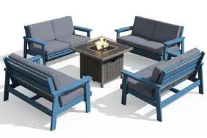 Patio Furniture Set with 33 Fire Pit Table, HDPE Outdoor Sectional Sofa Set with Thickened Cushions, Blue Frame with Grey Cushions Patio Furniture Set with 33 Fire Pit Table, HDPE Outdoor Sectional Sofa Set with Thickened Cushions, Blue Frame with Grey Cushions