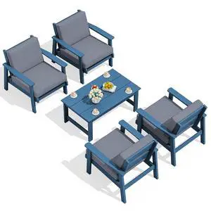 Outdoor Patio Furniture Set, 5 Piece HDPE Patio Conversation Sets, All-Weather Wood-Like Outdoor Couch Loveseat and Coffee Table with Thick Cushions for Porch Balcony Garden Backyard Outdoor Patio Furniture Set, 5 Piece HDPE Patio Conversation Sets, All-Weather Wood-Like Outdoor Couch Loveseat and Coffee Table with Thick Cushions for Porch Balcony Garden Backyard