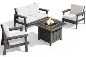Patio Furniture Set with 33 Fire Pit Table, HDPE Outdoor Sectional Sofa Set with Thickened Cushions, Grey Frame with Khaki Cushions Patio Furniture Set with 33 Fire Pit Table, HDPE Outdoor Sectional Sofa Set with Thickened Cushions, Grey Frame with Khaki Cushions