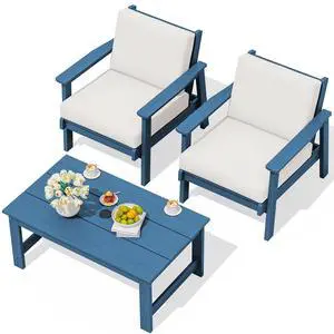 HDPE Outdoor Couch, All-Weather Wood-Like Outdoor Sofa Set with Coffee Table, Blue Frame and Khaki Cushion HDPE Outdoor Couch, All-Weather Wood-Like Outdoor Sofa Set with Coffee Table, Blue Frame and Khaki Cushion