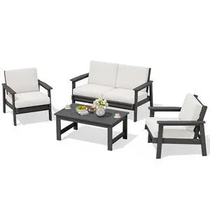 HDPE Outdoor Furniture Set 4, All Weather Wood-Like Outdoor Sofa Sectional Couch, Grey Patio Furniture Set with Khaki Cushions HDPE Outdoor Furniture Set 4, All Weather Wood-Like Outdoor Sofa Sectional Couch, Grey Patio Furniture Set with Khaki Cushions