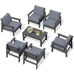 HDPE Outdoor Furniture Set, 7 Piece All Weather Wood-Like Outdoor Sofa Sectional Couch, Grey Patio Furniture Set with Grey Cushions HDPE Outdoor Furniture Set, 7 Piece All Weather Wood-Like Outdoor Sofa Sectional Couch, Grey Patio Furniture Set with Grey Cushions