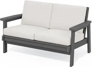 HDPE Outdoor Patio Loveseat, All Weather Wood-Like Outdoor Sofa HDPE Outdoor Furniture, Grey Frame and Khaki Cushion HDPE Outdoor Patio Loveseat, All Weather Wood-Like Outdoor Sofa HDPE Outdoor Furniture, Grey Frame and Khaki Cushion