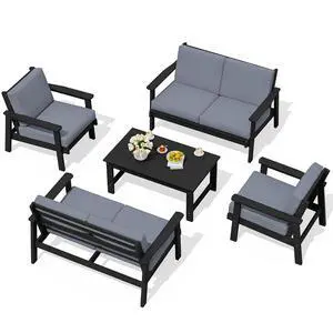 HDPE Patio Furniture Set, 5 Piece All Weather Wood-Like Sectional Outdoor Furniture Set for Deck, Lawn, Black Patio Sofa Couch with Grey Cushions HDPE Patio Furniture Set, 5 Piece All Weather Wood-Like Sectional Outdoor Furniture Set for Deck, Lawn, Black Patio Sofa Couch with Grey Cushions