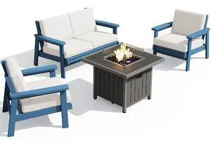 Patio Furniture Set with 33 Fire Pit Table, HDPE Outdoor Sectional Sofa Set with Thickened Cushions, Blue Frame with Khaki Cushions Patio Furniture Set with 33 Fire Pit Table, HDPE Outdoor Sectional Sofa Set with Thickened Cushions, Blue Frame with Khaki Cushions