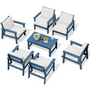 HDPE Outdoor Furniture Set, 7 Piece All Weather Wood-Like Outdoor Sofa Sectional Couch, Blue Patio Furniture Set with Khaki Cushions HDPE Outdoor Furniture Set, 7 Piece All Weather Wood-Like Outdoor Sofa Sectional Couch, Blue Patio Furniture Set with Khaki Cushions