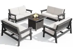 Patio Furniture Set with 33 Fire Pit Table, HDPE Outdoor Sectional Sofa Set with Thickened Cushions, Grey Frame with Khaki Cushions Patio Furniture Set with 33 Fire Pit Table, HDPE Outdoor Sectional Sofa Set with Thickened Cushions, Grey Frame with Khaki Cushions