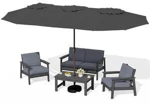 HDPE Patio Furniture Set with 15FT Double Side Patio Umbrella, All Weather Wood-Like Outdoor Sofa Sectional Couch, Grey Patio Furniture with Grey Cushions HDPE Patio Furniture Set with 15FT Double Side Patio Umbrella, All Weather Wood-Like Outdoor Sofa Sectional Couch, Grey Patio Furniture with Grey Cushions
