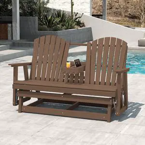 3 Person Outdoor Glider Bench with Cup Holder and iPad Placement,Oversized 66" HDPE Patio Glider Bench, All Weather Patio Glider Chair for Garden,Park,Yard,Front Porch,Brown 3 Person Outdoor Glider Bench with Cup Holder and iPad Placement,Oversized 66" HDPE Patio Glider Bench, All Weather Patio Glider Chair for Garden,Park,Yard,Front Porch,Brown