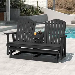 3 Person Outdoor Glider Bench with Cup Holder and iPad Placement,Oversized 66" HDPE Patio Glider Bench, All Weather Patio Glider Chair for Garden,Park,Yard,Front Porch,Black 3 Person Outdoor Glider Bench with Cup Holder and iPad Placement,Oversized 66" HDPE Patio Glider Bench, All Weather Patio Glider Chair for Garden,Park,Yard,Front Porch,Black