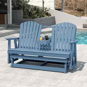 3 Person Outdoor Glider Bench with Cup Holder and iPad Placement,Oversized 66" HDPE Patio Glider Bench, All Weather Patio Glider Chair for Garden,Park,Yard,Front Porch,Navy 3 Person Outdoor Glider Bench with Cup Holder and iPad Placement,Oversized 66" HDPE Patio Glider Bench, All Weather Patio Glider Chair for Garden,Park,Yard,Front Porch,Navy