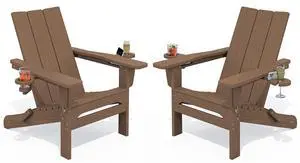 Modern Adirondack Chair Set of 2, Folding Adirondack Chair with Cup Holders, Outdoor HDPE Fire Pit Chairs for All Weather Use, Brown Modern Adirondack Chair Set of 2, Folding Adirondack Chair with Cup Holders, Outdoor HDPE Fire Pit Chairs for All Weather Use, Brown