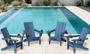 Modern Folding Adirondack Chair Set of 4, HDPE Weather Resistant Outdoor Adirondack Chair with Dual Cup Holders, Patio Lawn Garden Chairs, Blue Modern Folding Adirondack Chair Set of 4, HDPE Weather Resistant Outdoor Adirondack Chair with Dual Cup Holders, Patio Lawn Garden Chairs, Blue