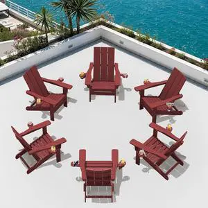 Folding Adirondack Chair with Cup Holders, Weather Resistant HDPE Modern Adirondack Chair Set of 6, Plastic Outdoor Fire Pit Chairs, Red Folding Adirondack Chair with Cup Holders, Weather Resistant HDPE Modern Adirondack Chair Set of 6, Plastic Outdoor Fire Pit Chairs, Red