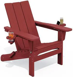 Folding Adirondack Chair with Cup Holders, All Weather Resistant Modern Adirondack Chair, HDPE Fire Pit Chairs, Lawn Chair for Patio Garden, Outdoor, Red Folding Adirondack Chair with Cup Holders, All Weather Resistant Modern Adirondack Chair, HDPE Fire Pit Chairs, Lawn Chair for Patio Garden, Outdoor, Red
