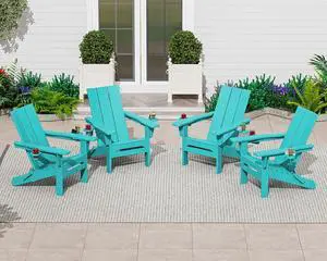 Modern Adirondack Chair Set of 4, Folding Adirondack Chair with Cup Holders, Outdoor HDPE Adirondack Chair, Teal Modern Adirondack Chair Set of 4, Folding Adirondack Chair with Cup Holders, Outdoor HDPE Adirondack Chair, Teal