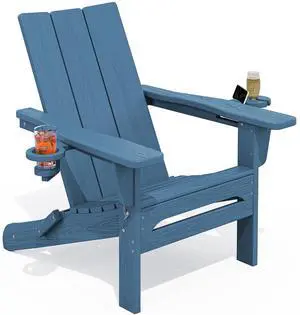 Modern Folding Adirondack Chair, All Weather Resistant Outdoor Adirondack Chair with Dual Cup Holders, HDPE Fire Pit Chair for Patio Lawn Garden, Blue Modern Folding Adirondack Chair, All Weather Resistant Outdoor Adirondack Chair with Dual Cup Holders, HDPE Fire Pit Chair for Patio Lawn Garden, Blue