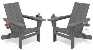 Outdoor HDPE Adirondack Chair Set 2Folding Adirondack Chair with Cup Holders, All Weather Resistant Modern Adirondack Chair, Gray Outdoor HDPE Adirondack Chair Set 2Folding Adirondack Chair with Cup Holders, All Weather Resistant Modern Adirondack Chair, Gray