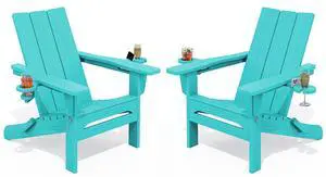 Modern Adirondack Chair Set of 2, Folding Adirondack Chair with Cup Holders, Outdoor HDPE Adirondack Chair, Teal Modern Adirondack Chair Set of 2, Folding Adirondack Chair with Cup Holders, Outdoor HDPE Adirondack Chair, Teal